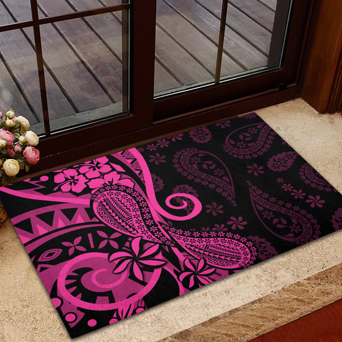 Pink Polynesia Paisley Rubber Doormat Polynesian With Tropical Flowers LT14 - Polynesian Pride