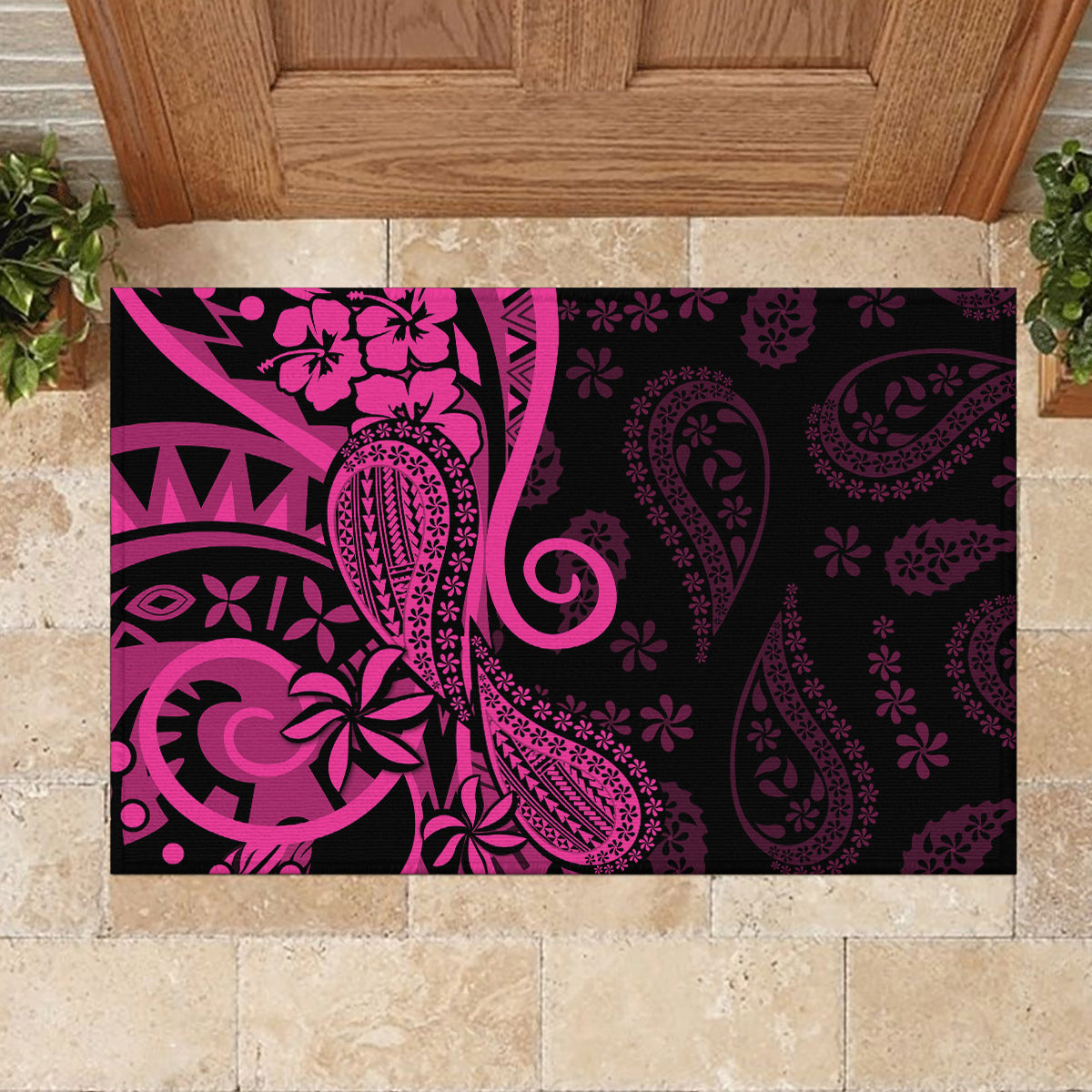 Pink Polynesia Paisley Rubber Doormat Polynesian With Tropical Flowers LT14 - Polynesian Pride