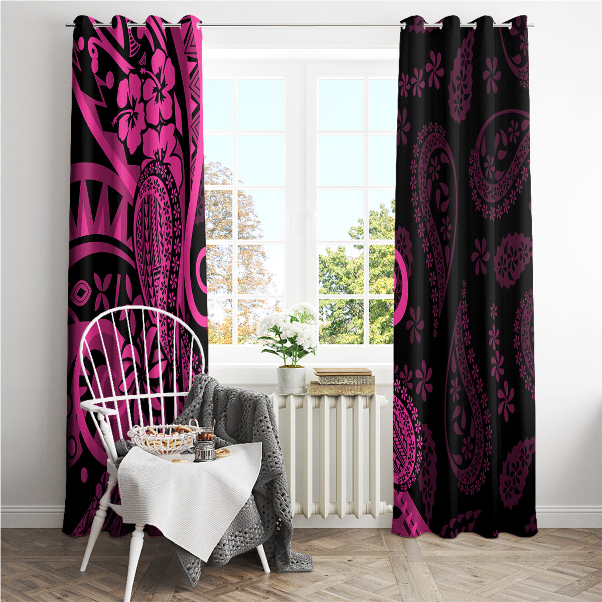 Pink Polynesia Paisley Window Curtain Polynesian With Tropical Flowers LT14 - Polynesian Pride