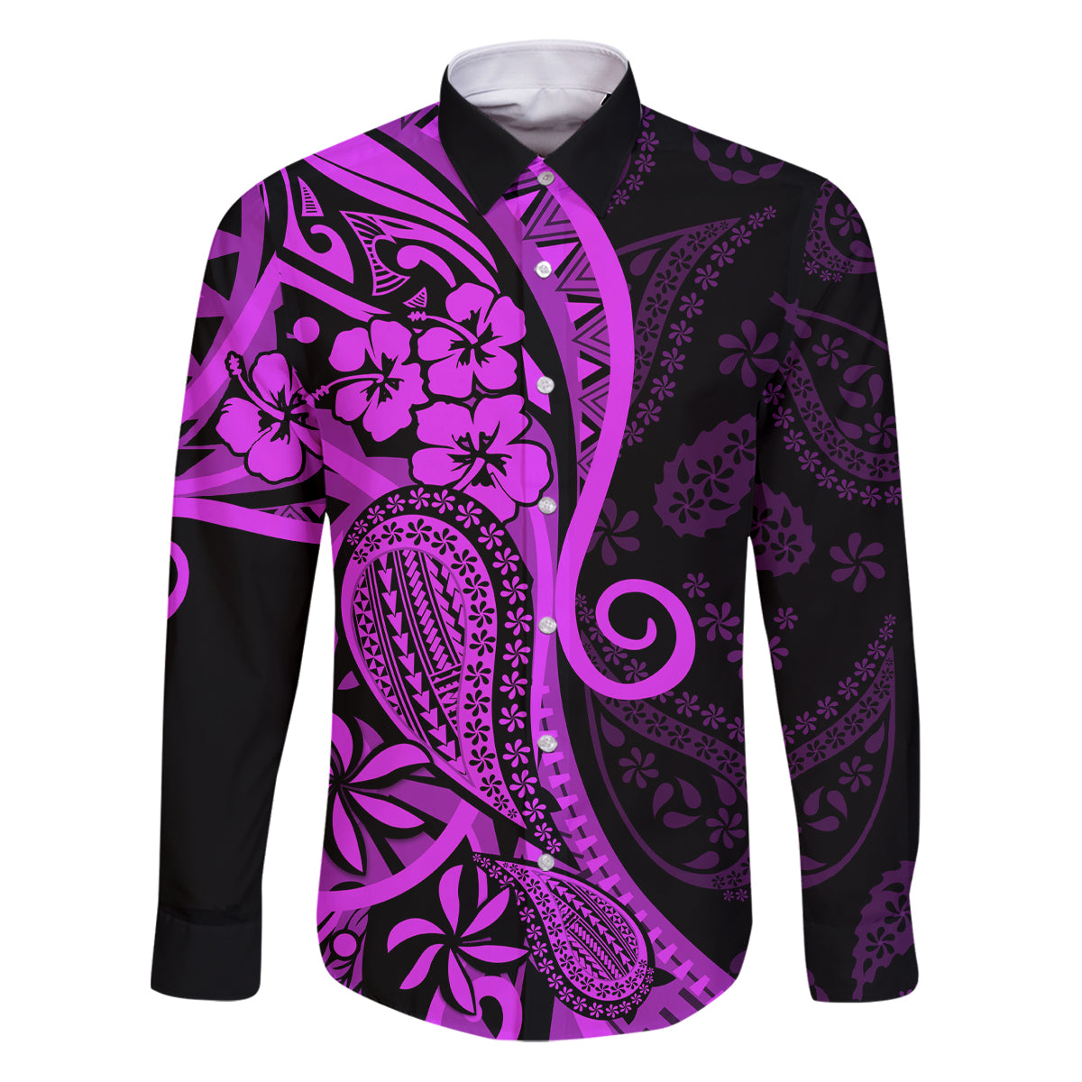 Polynesia Paisley Family Matching Puletasi Dress and Hawaiian Shirt Polynesian With Tropical Flowers - Purple LT14 Dad's Shirt - Long Sleeve Purple - Polynesian Pride