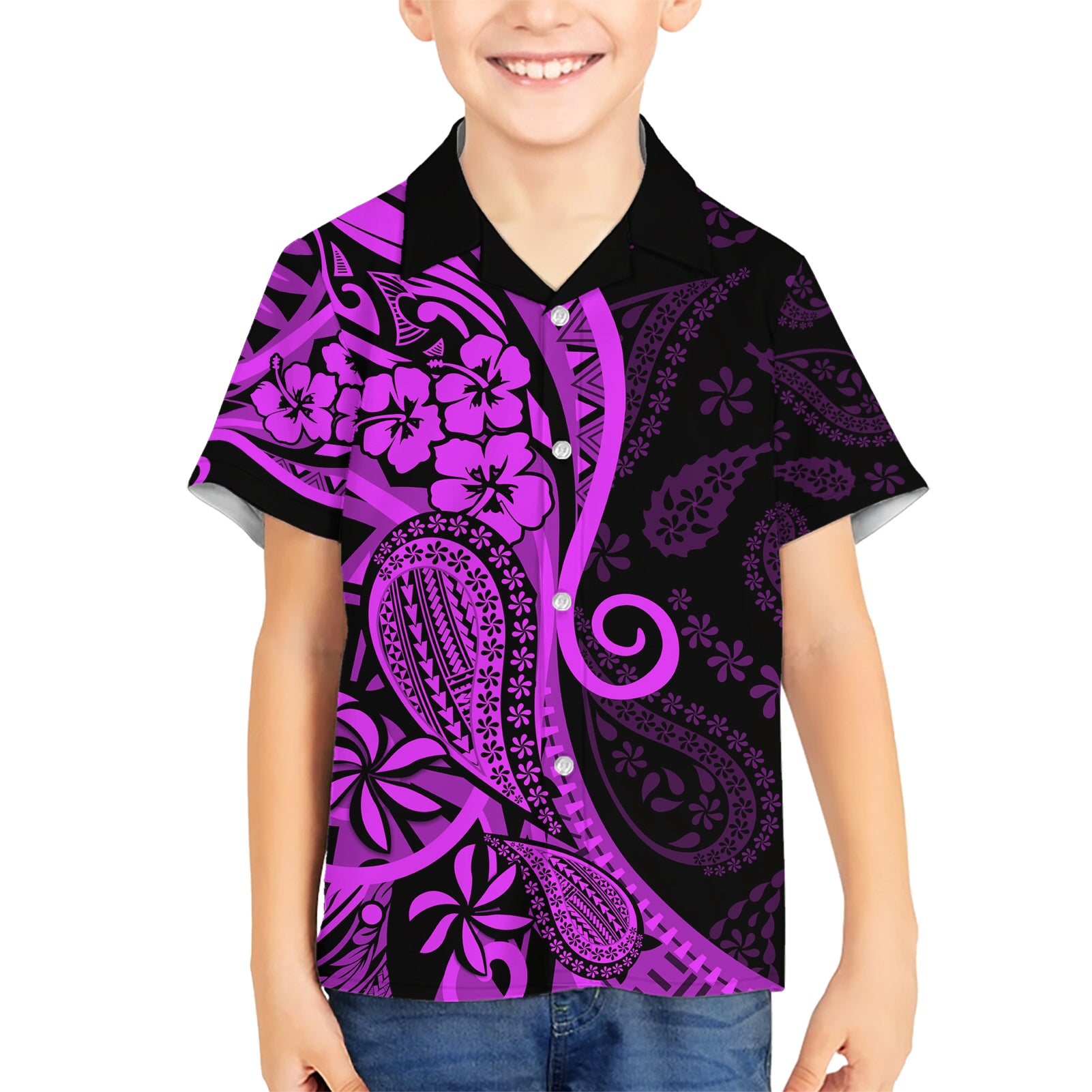 Polynesia Paisley Kid Hawaiian Shirt Polynesian With Tropical Flowers - Purple LT14 Kid Purple - Polynesian Pride