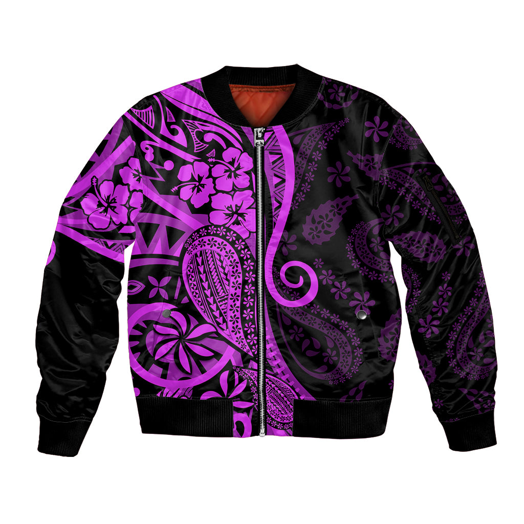 Polynesia Paisley Sleeve Zip Bomber Jacket Polynesian With Tropical Flowers - Purple LT14 Unisex Purple - Polynesian Pride