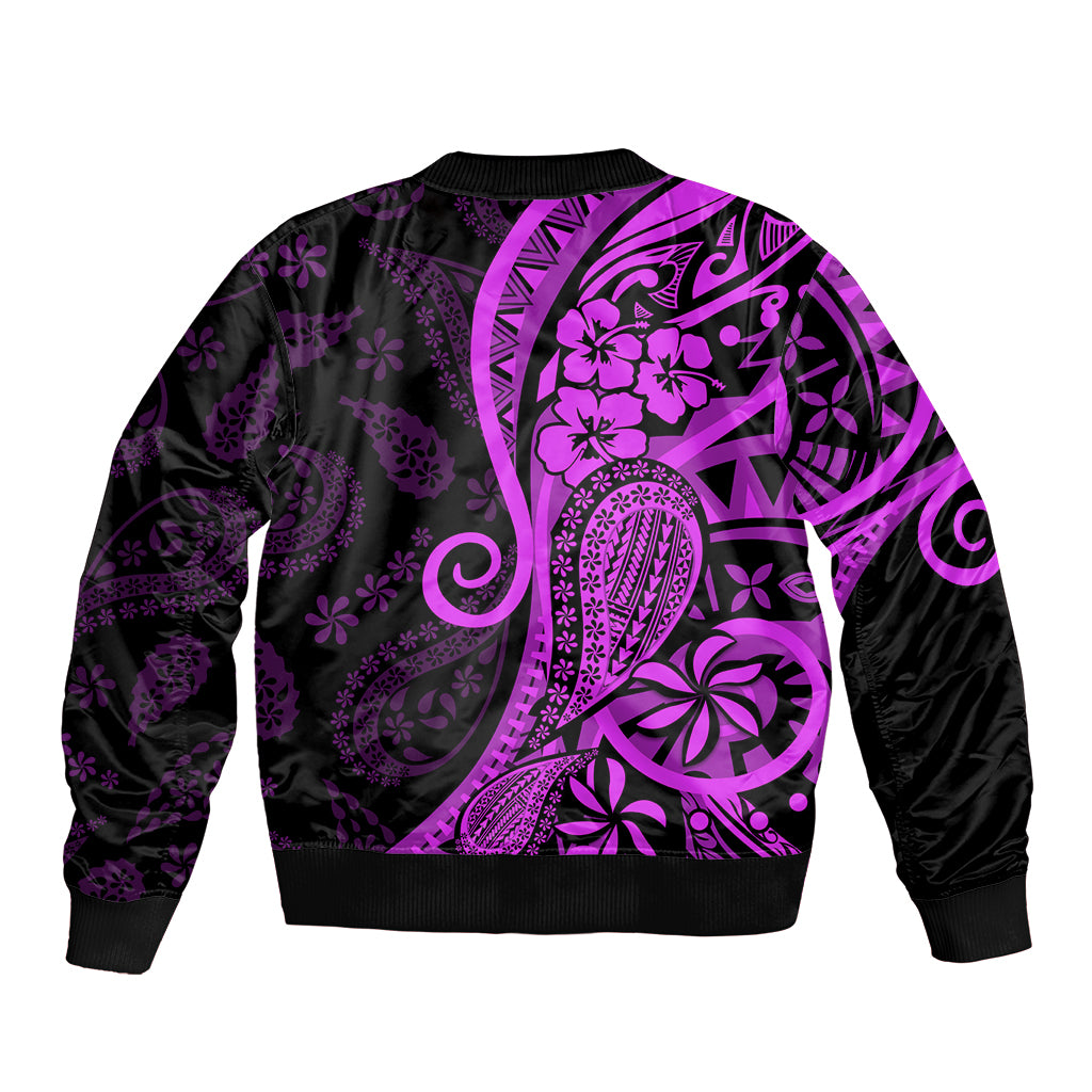 Polynesia Paisley Sleeve Zip Bomber Jacket Polynesian With Tropical Flowers - Purple LT14 - Polynesian Pride