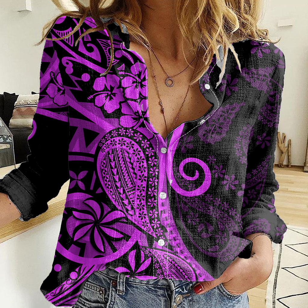 Polynesia Paisley Women Casual Shirt Polynesian With Tropical Flowers - Purple LT14 Female Purple - Polynesian Pride