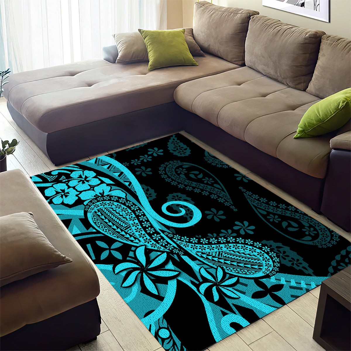 Polynesia Paisley Area Rug Polynesian With Tropical Flowers - Turquoise LT14 - Polynesian Pride