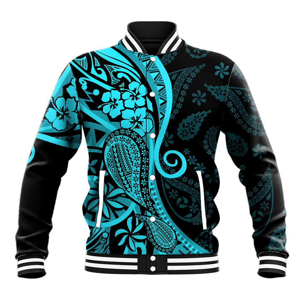 Polynesia Paisley Baseball Jacket Polynesian With Tropical Flowers - Turquoise LT14 Unisex Turquoise - Polynesian Pride