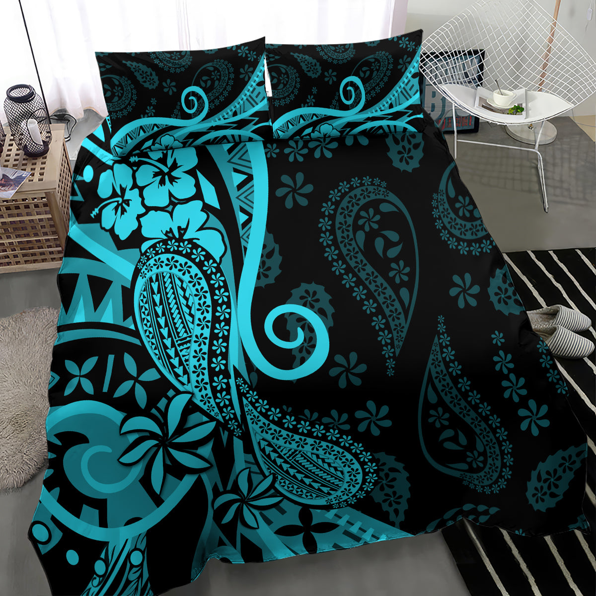 Polynesia Paisley Bedding Set Polynesian With Tropical Flowers - Turquoise LT14 - Polynesian Pride