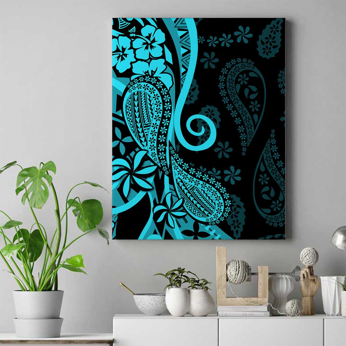 Polynesia Paisley Canvas Wall Art Polynesian With Tropical Flowers - Turquoise LT14 Turquoise - Polynesian Pride