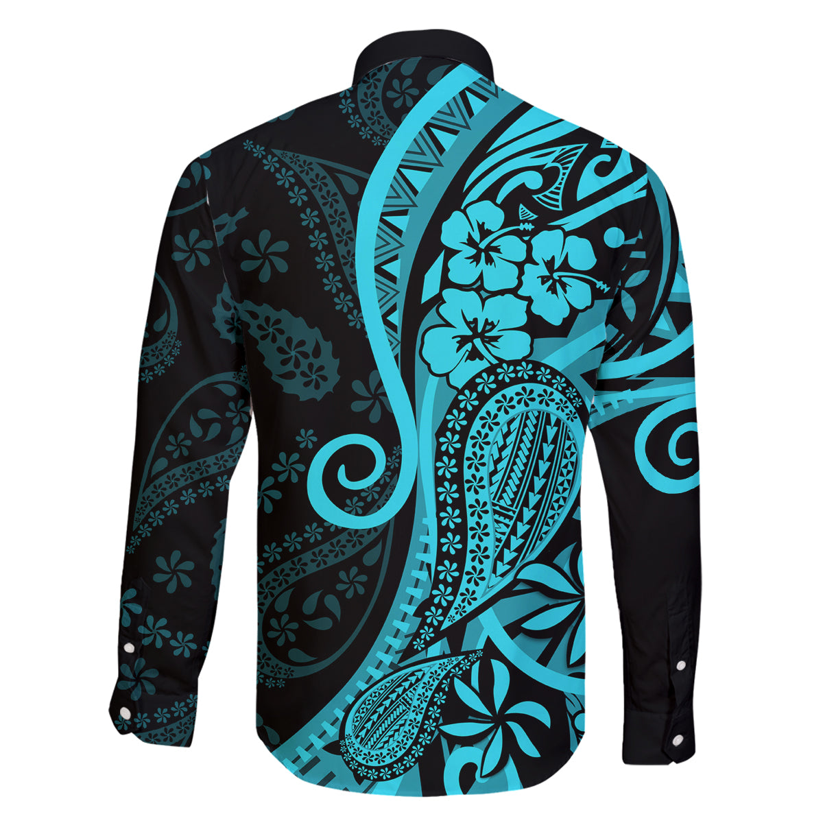 Polynesia Paisley Family Matching Off Shoulder Long Sleeve Dress and Hawaiian Shirt Polynesian With Tropical Flowers - Turquoise LT14 - Polynesian Pride