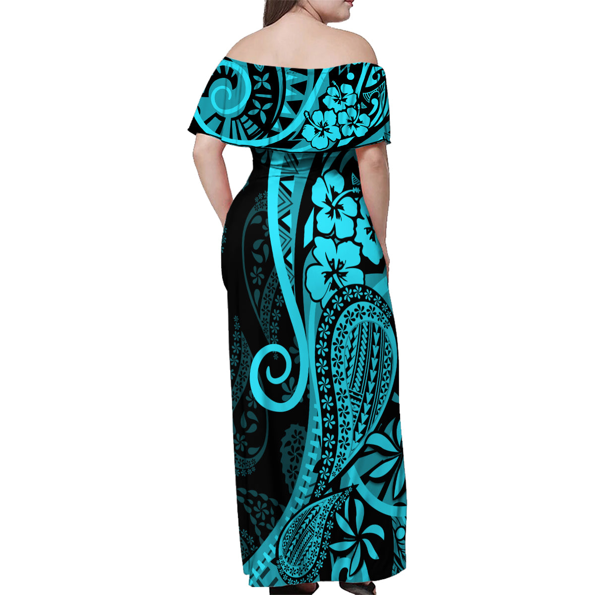 Polynesia Paisley Family Matching Off Shoulder Maxi Dress and Hawaiian Shirt Polynesian With Tropical Flowers - Turquoise LT14 - Polynesian Pride
