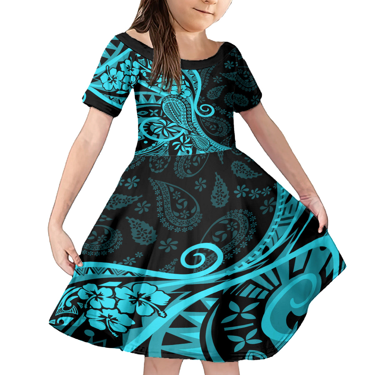 Polynesia Paisley Family Matching Off Shoulder Short Dress and Hawaiian Shirt Polynesian With Tropical Flowers - Turquoise LT14 Daughter's Dress Turquoise - Polynesian Pride