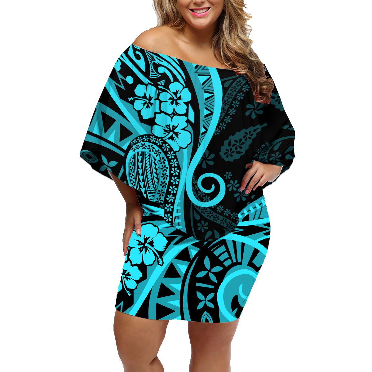 Polynesia Paisley Family Matching Off Shoulder Short Dress and Hawaiian Shirt Polynesian With Tropical Flowers - Turquoise LT14 Mom's Dress Turquoise - Polynesian Pride