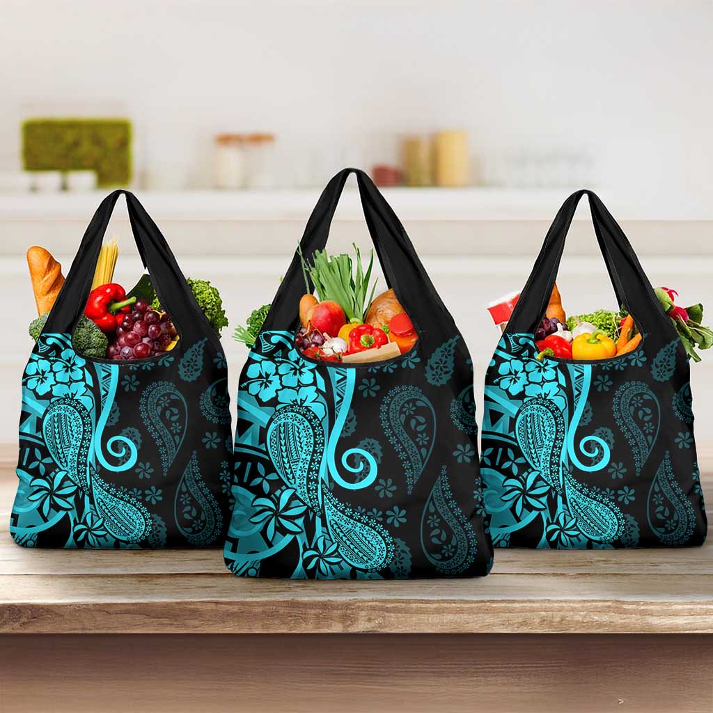 Polynesia Paisley Grocery Bag Polynesian With Tropical Flowers - Turquoise LT14 3-pack One Size Turquoise - Polynesian Pride