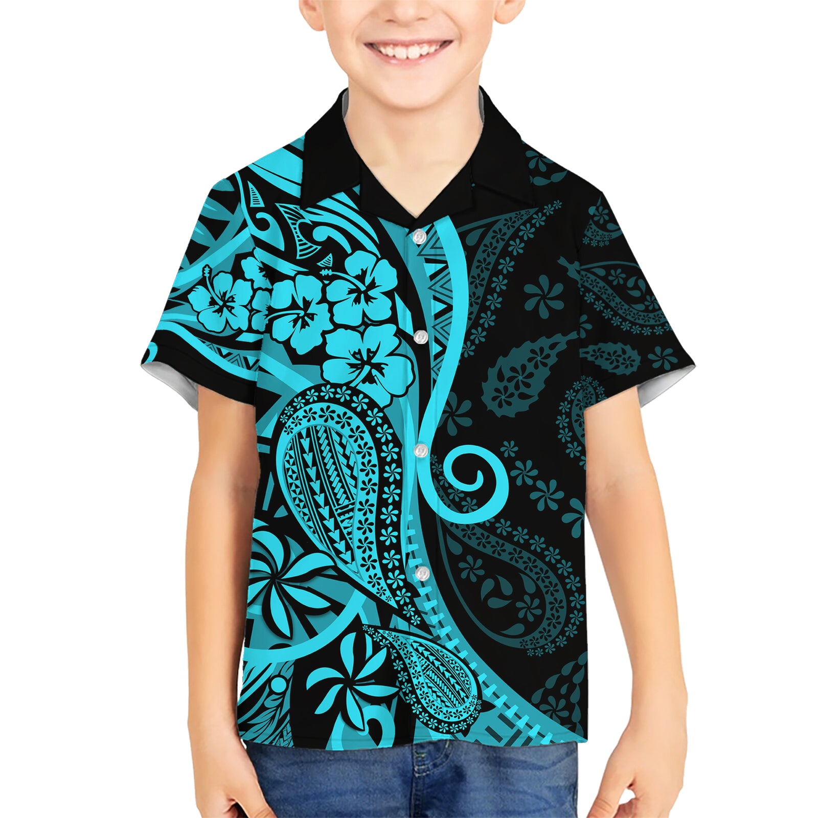 Polynesia Paisley Kid Hawaiian Shirt Polynesian With Tropical Flowers - Turquoise LT14 Kid Turquoise - Polynesian Pride