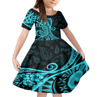 Polynesia Paisley Kid Short Sleeve Dress Polynesian With Tropical Flowers - Turquoise LT14 KID Turquoise - Polynesian Pride