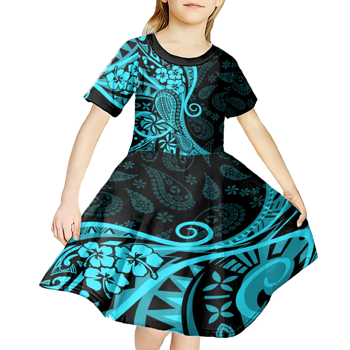 Polynesia Paisley Kid Short Sleeve Dress Polynesian With Tropical Flowers - Turquoise LT14 - Polynesian Pride