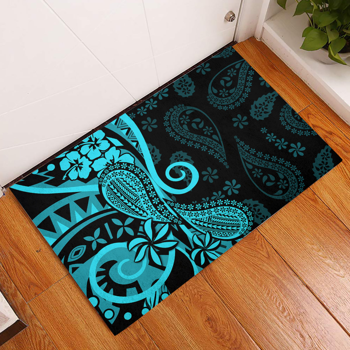 Polynesia Paisley Rubber Doormat Polynesian With Tropical Flowers - Turquoise LT14 Turquoise - Polynesian Pride
