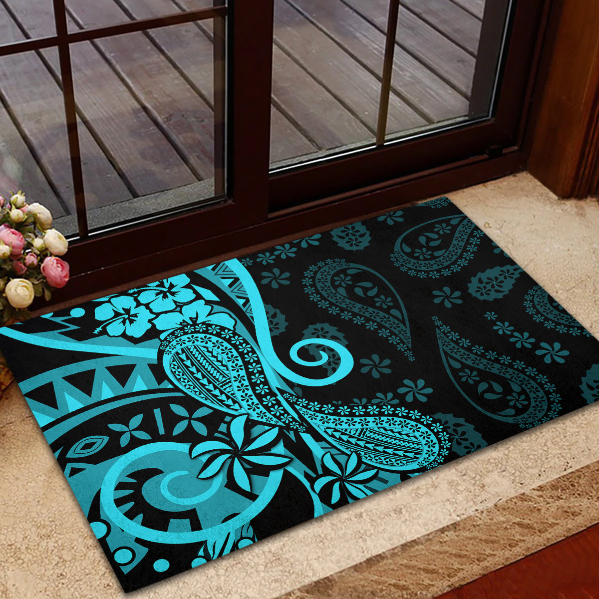 Polynesia Paisley Rubber Doormat Polynesian With Tropical Flowers - Turquoise LT14 - Polynesian Pride