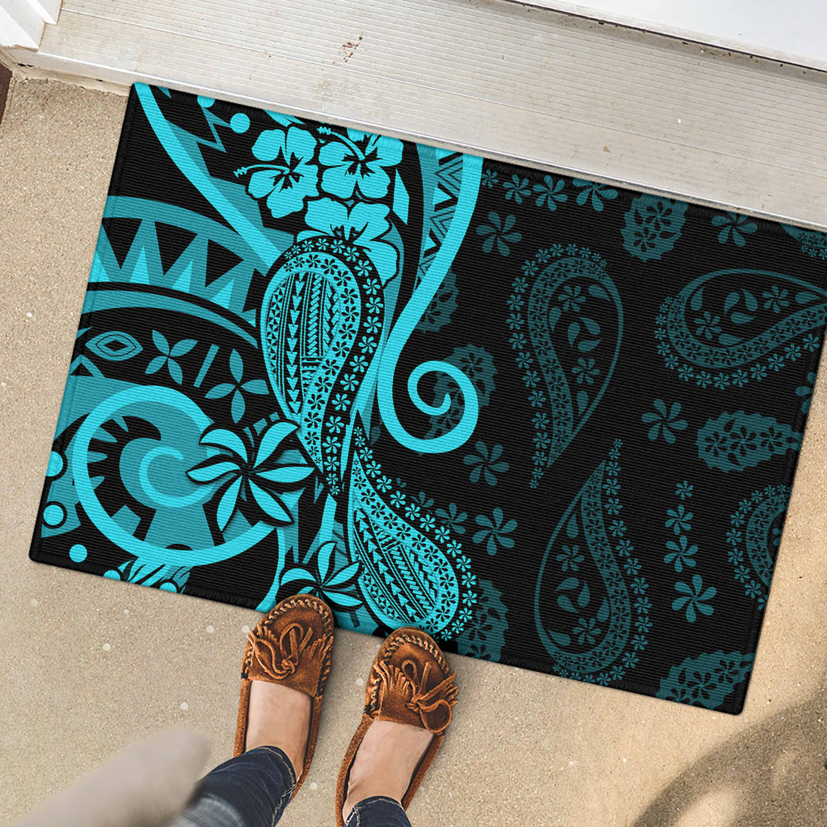 Polynesia Paisley Rubber Doormat Polynesian With Tropical Flowers - Turquoise LT14 - Polynesian Pride