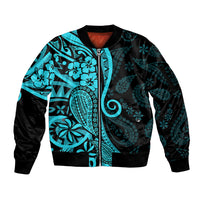 Polynesia Paisley Sleeve Zip Bomber Jacket Polynesian With Tropical Flowers - Turquoise LT14 Unisex Turquoise - Polynesian Pride