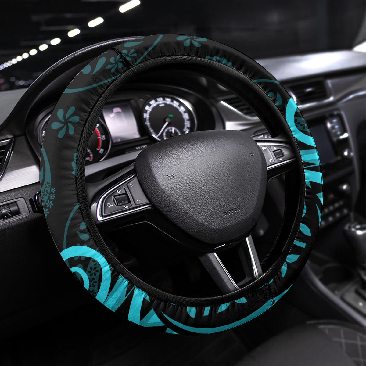 Polynesia Paisley Steering Wheel Cover Polynesian With Tropical Flowers - Turquoise LT14 Universal Fit Turquoise - Polynesian Pride