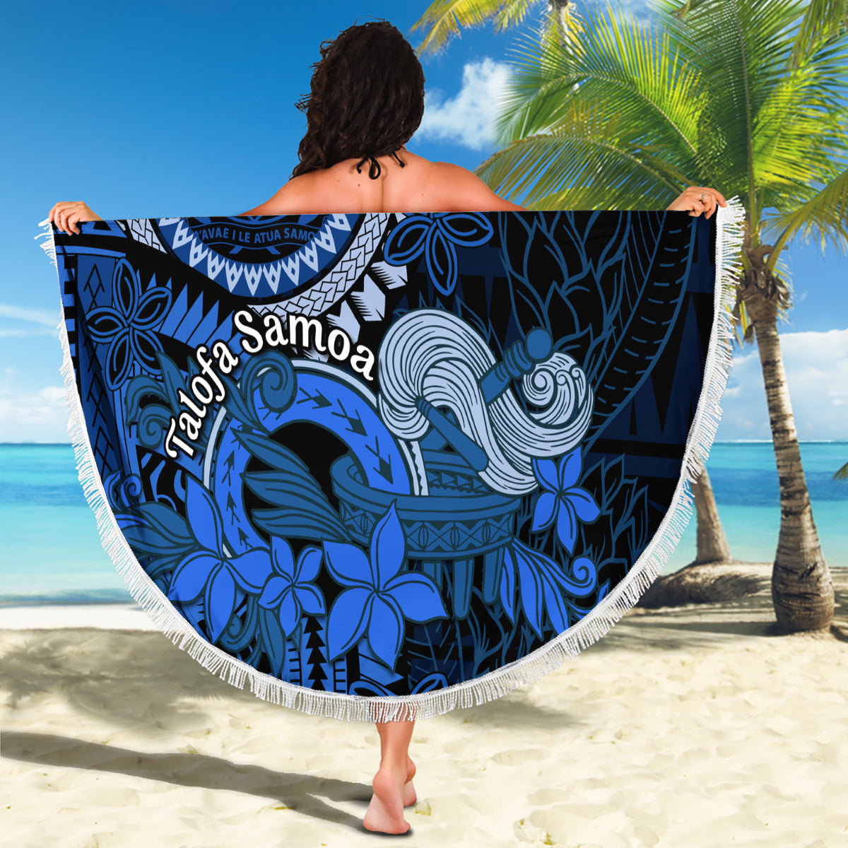 Talofa Samoa Beach Blanket Samoan Kava Bowl Siapo Pattern - Blue LT14 - Polynesian Pride