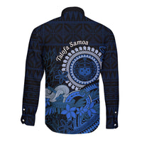 Talofa Samoa Long Sleeve Button Shirt Samoan Kava Bowl Siapo Pattern - Blue LT14 - Polynesian Pride