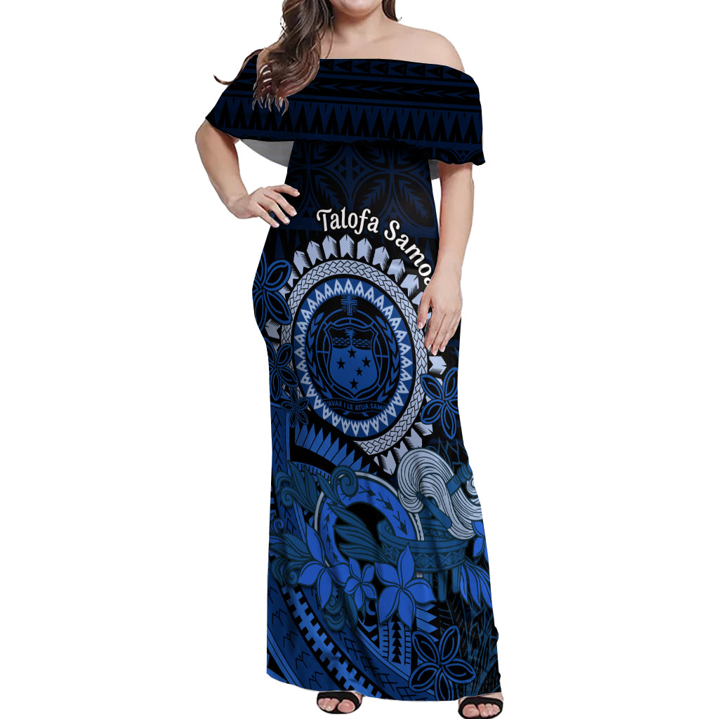 Talofa Samoa Off Shoulder Maxi Dress Samoan Kava Bowl Siapo Pattern - Blue LT14 Women Blue - Polynesian Pride