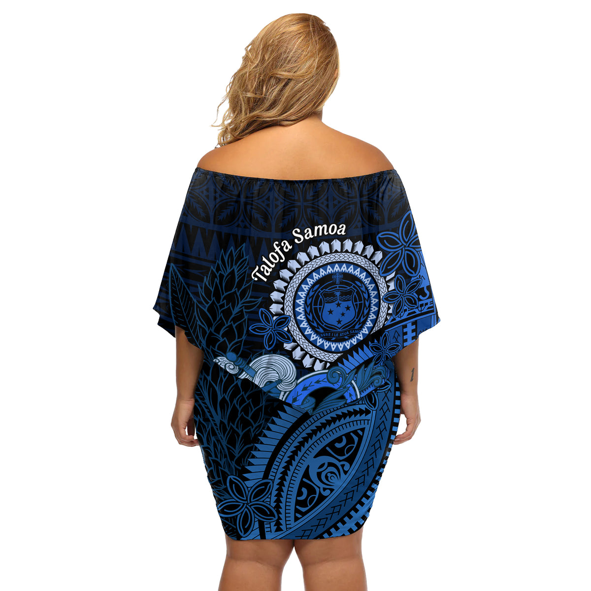 Talofa Samoa Off Shoulder Short Dress Samoan Kava Bowl Siapo Pattern - Blue LT14 - Polynesian Pride