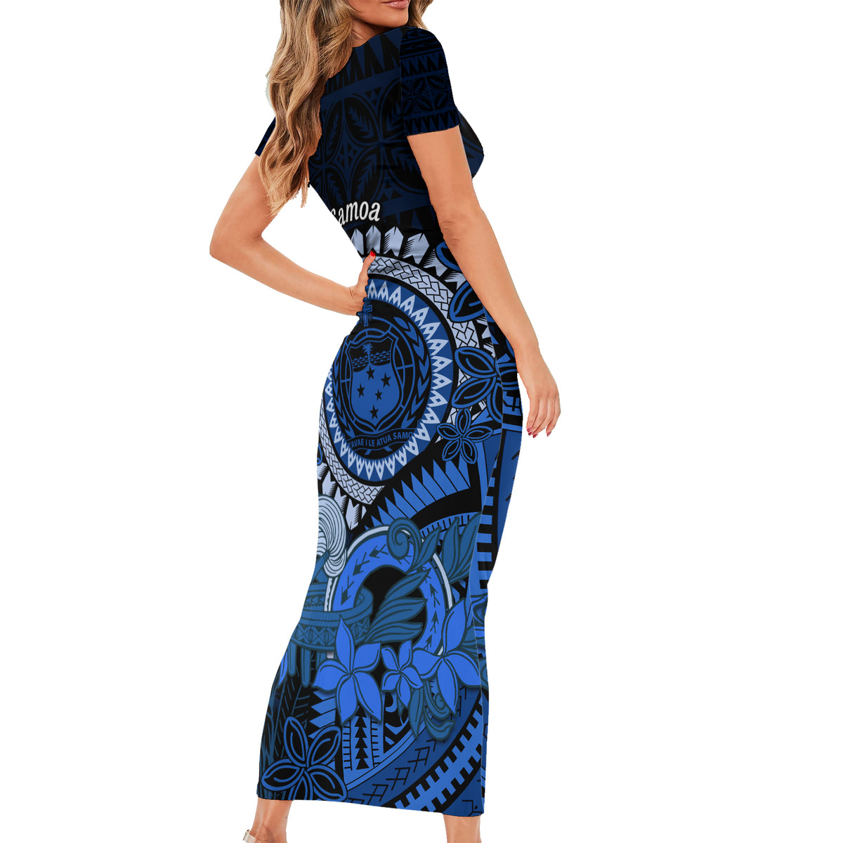 Talofa Samoa Short Sleeve Bodycon Dress Samoan Kava Bowl Siapo Pattern - Blue LT14 - Polynesian Pride