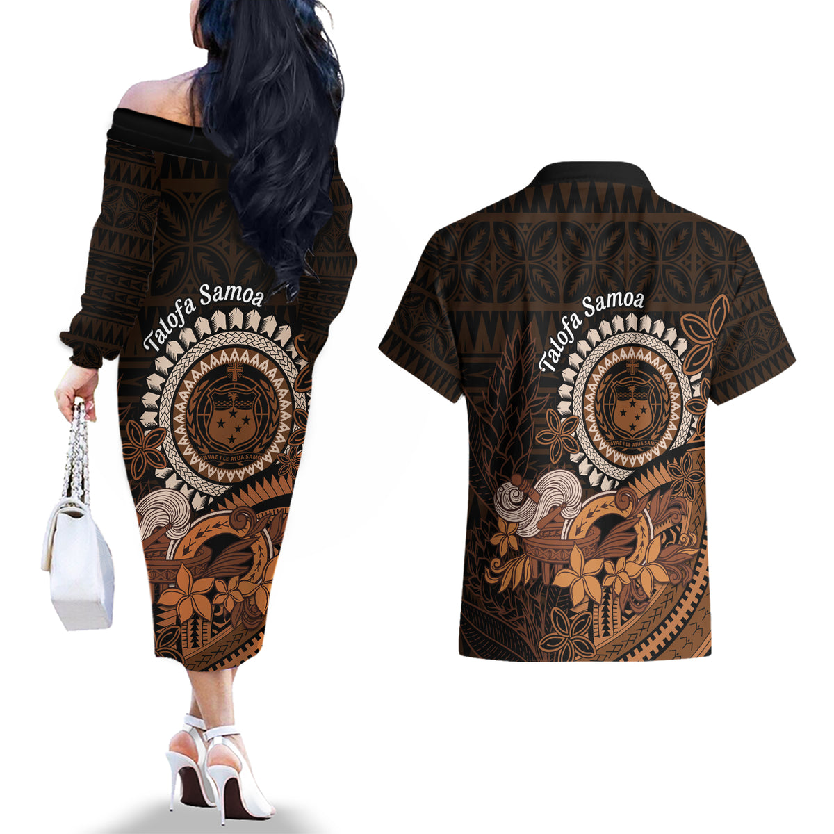 Talofa Samoa Couples Matching Off The Shoulder Long Sleeve Dress and Hawaiian Shirt Samoan Kava Bowl Siapo Pattern - Brown LT14 - Polynesian Pride