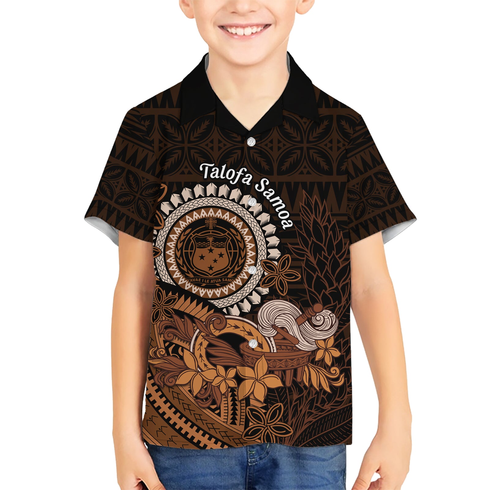 Talofa Samoa Kid Hawaiian Shirt Samoan Kava Bowl Siapo Pattern - Brown LT14 Kid Brown - Polynesian Pride