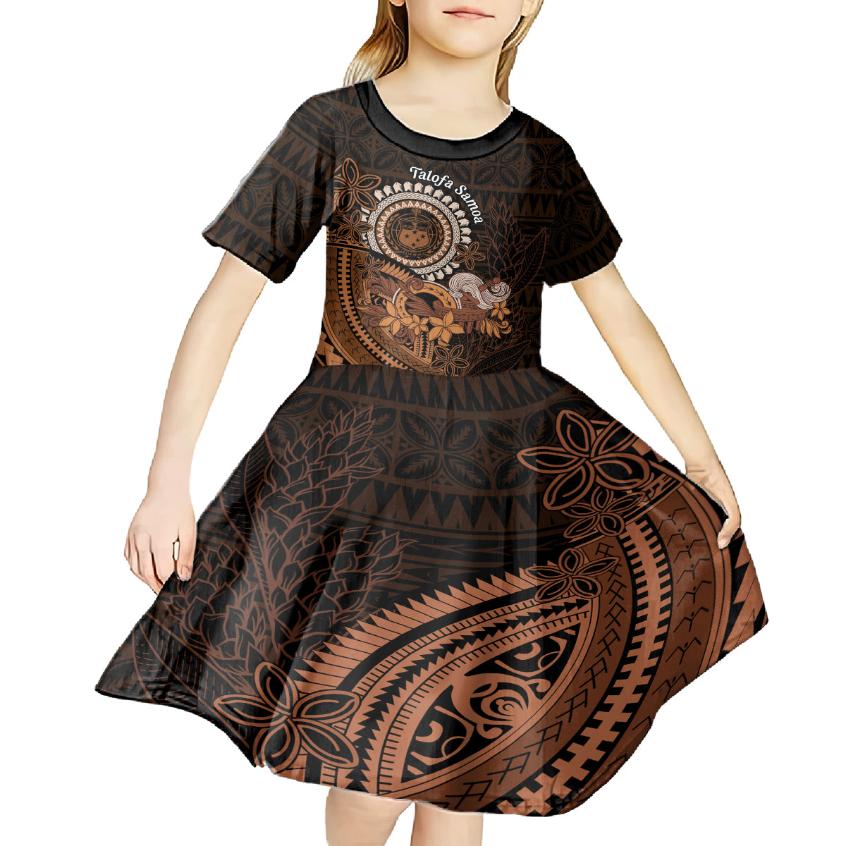 Talofa Samoa Kid Short Sleeve Dress Samoan Kava Bowl Siapo Pattern - Brown LT14 - Polynesian Pride