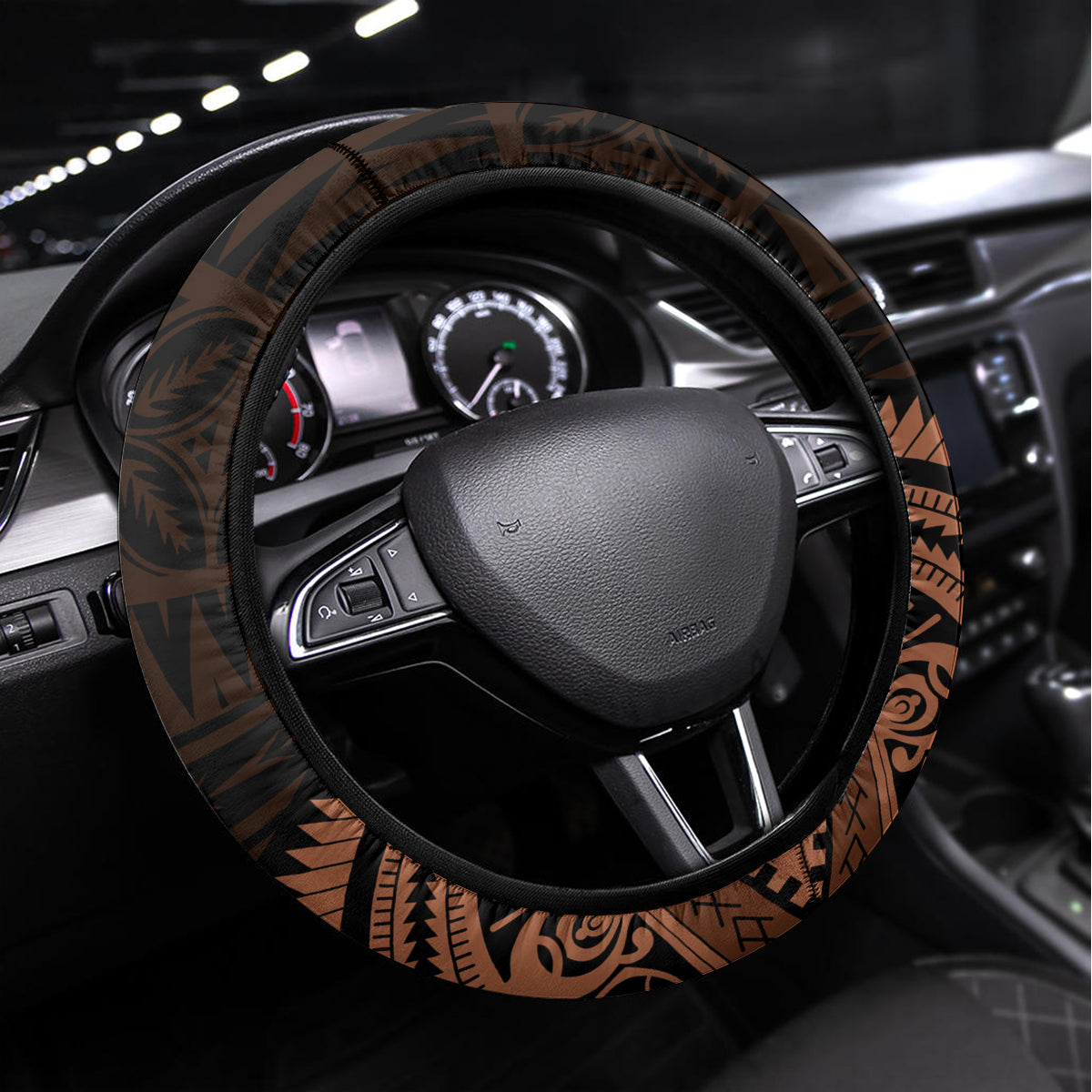 Talofa Samoa Steering Wheel Cover Samoan Kava Bowl Siapo Pattern - Brown LT14 Universal Fit Brown - Polynesian Pride