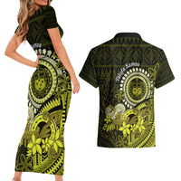 Lime Green Talofa Samoa Couples Matching Short Sleeve Bodycon Dress and Hawaiian Shirt Samoan Kava Bowl Siapo Pattern LT14 - Polynesian Pride