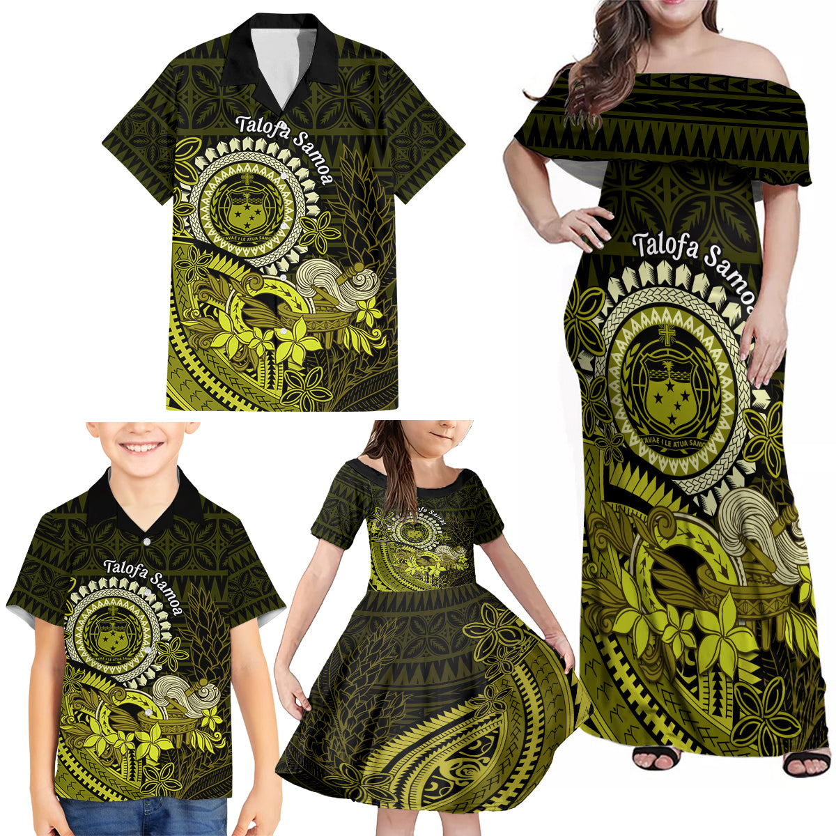 Lime Green Talofa Samoa Family Matching Off Shoulder Maxi Dress and Hawaiian Shirt Samoan Kava Bowl Siapo Pattern LT14 - Polynesian Pride