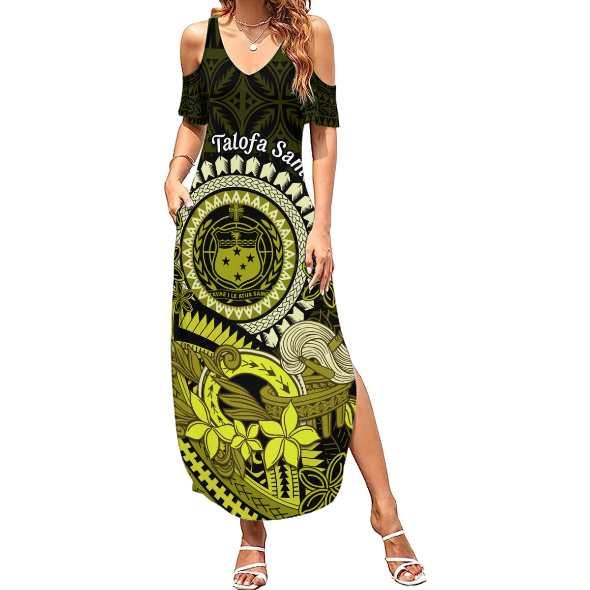 Lime Green Talofa Samoa Family Matching Summer Maxi Dress and Hawaiian Shirt Samoan Kava Bowl Siapo Pattern LT14 Mom's Dress Lime Green - Polynesian Pride