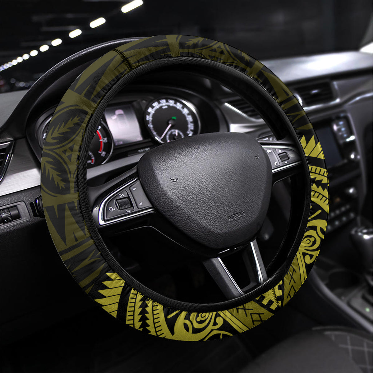 Lime Green Talofa Samoa Steering Wheel Cover Samoan Kava Bowl Siapo Pattern LT14 Universal Fit Lime Green - Polynesian Pride