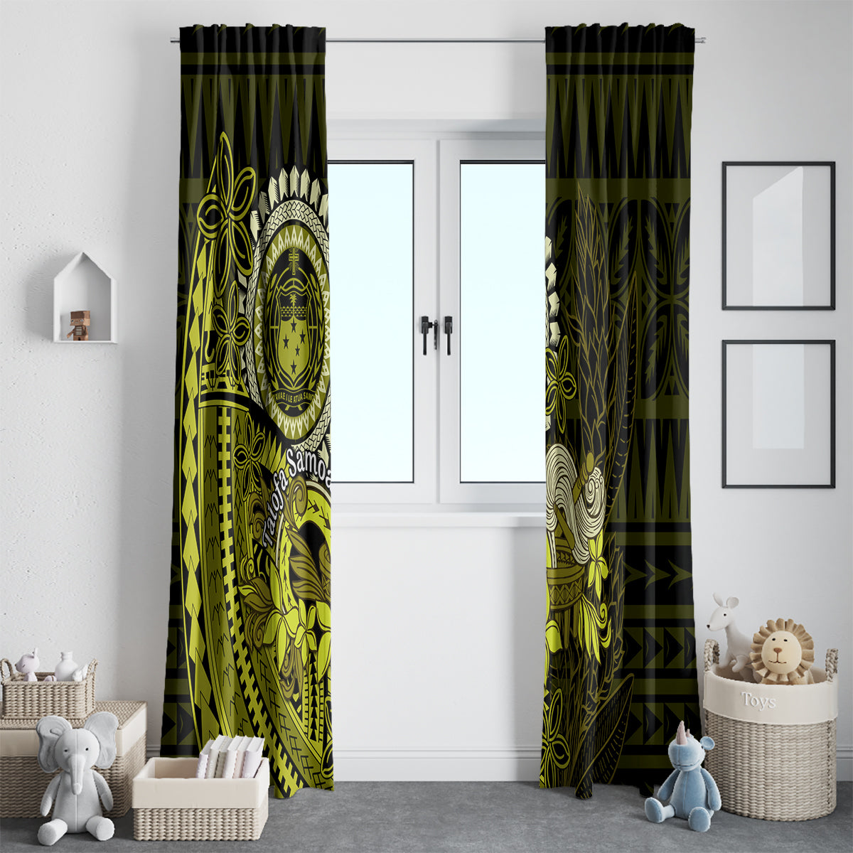 Lime Green Talofa Samoa Window Curtain Samoan Kava Bowl Siapo Pattern LT14 - Polynesian Pride