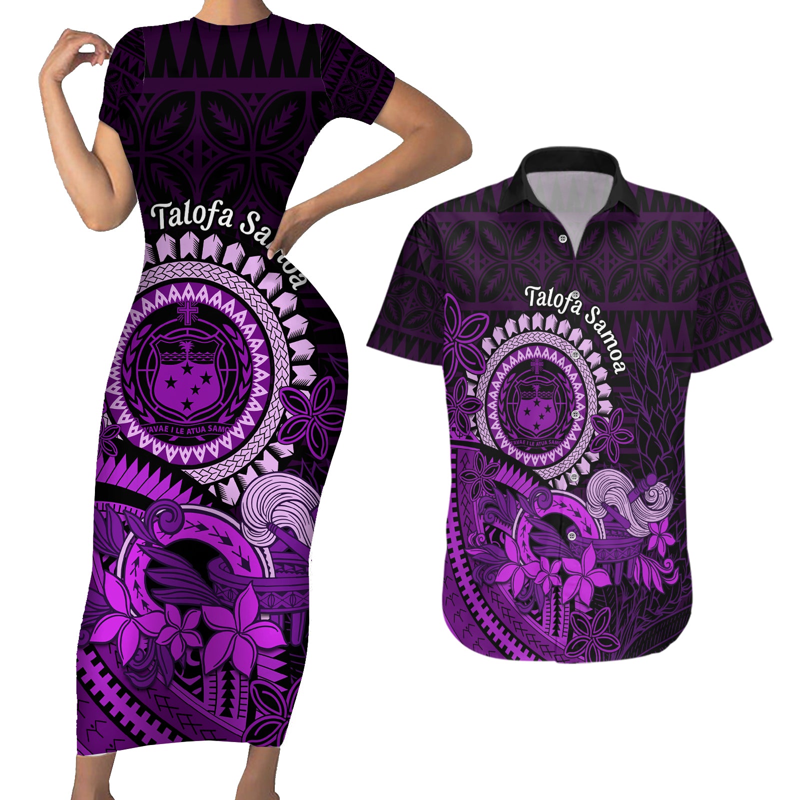 Purple Talofa Samoa Couples Matching Short Sleeve Bodycon Dress and Hawaiian Shirt Samoan Kava Bowl Siapo Pattern LT14 Purple - Polynesian Pride