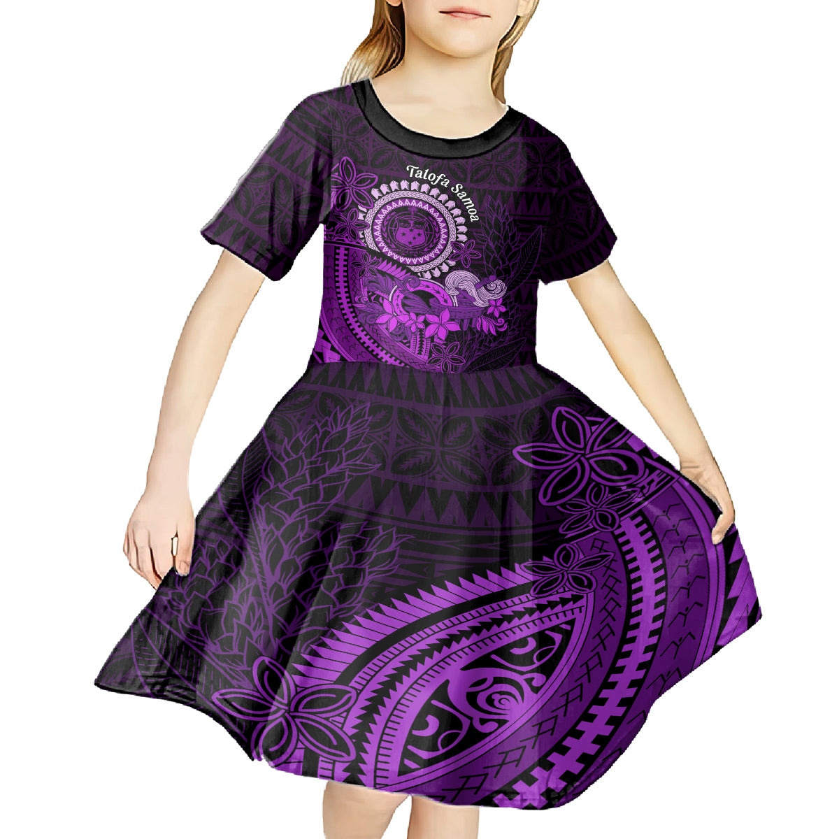 Purple Talofa Samoa Kid Short Sleeve Dress Samoan Kava Bowl Siapo Pattern LT14 - Polynesian Pride