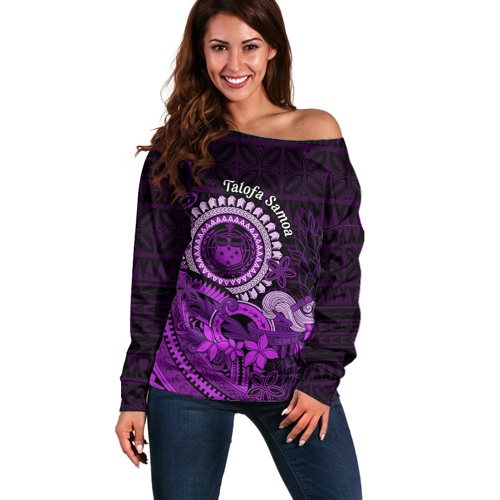 Purple Talofa Samoa Off Shoulder Sweater Samoan Kava Bowl Siapo Pattern LT14 Women Purple - Polynesian Pride