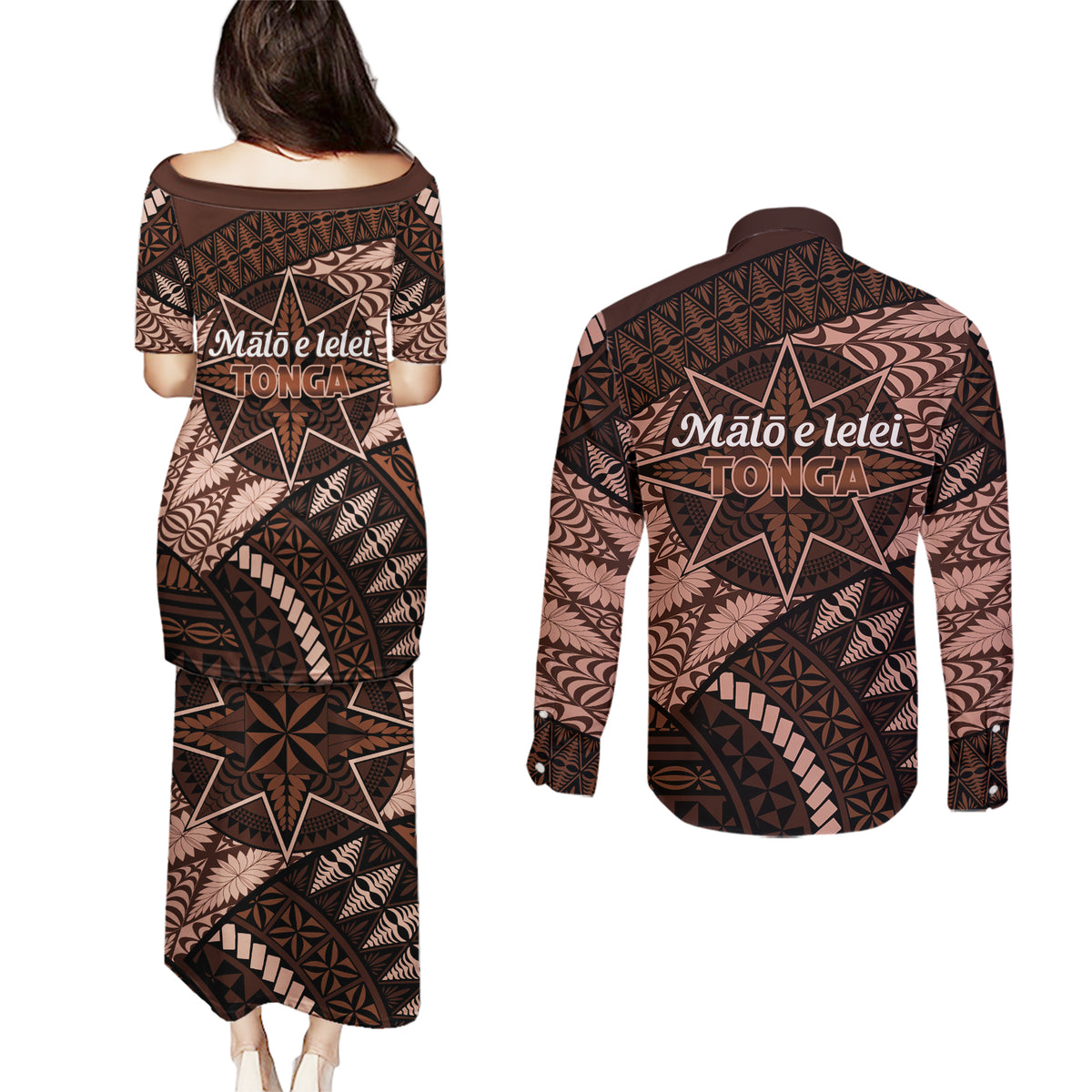 Malo e lelei Tonga Couples Matching Puletasi Dress and Long Sleeve Button Shirt Tongan Ngatu Pattern Vintage Vibes LT14 - Polynesian Pride