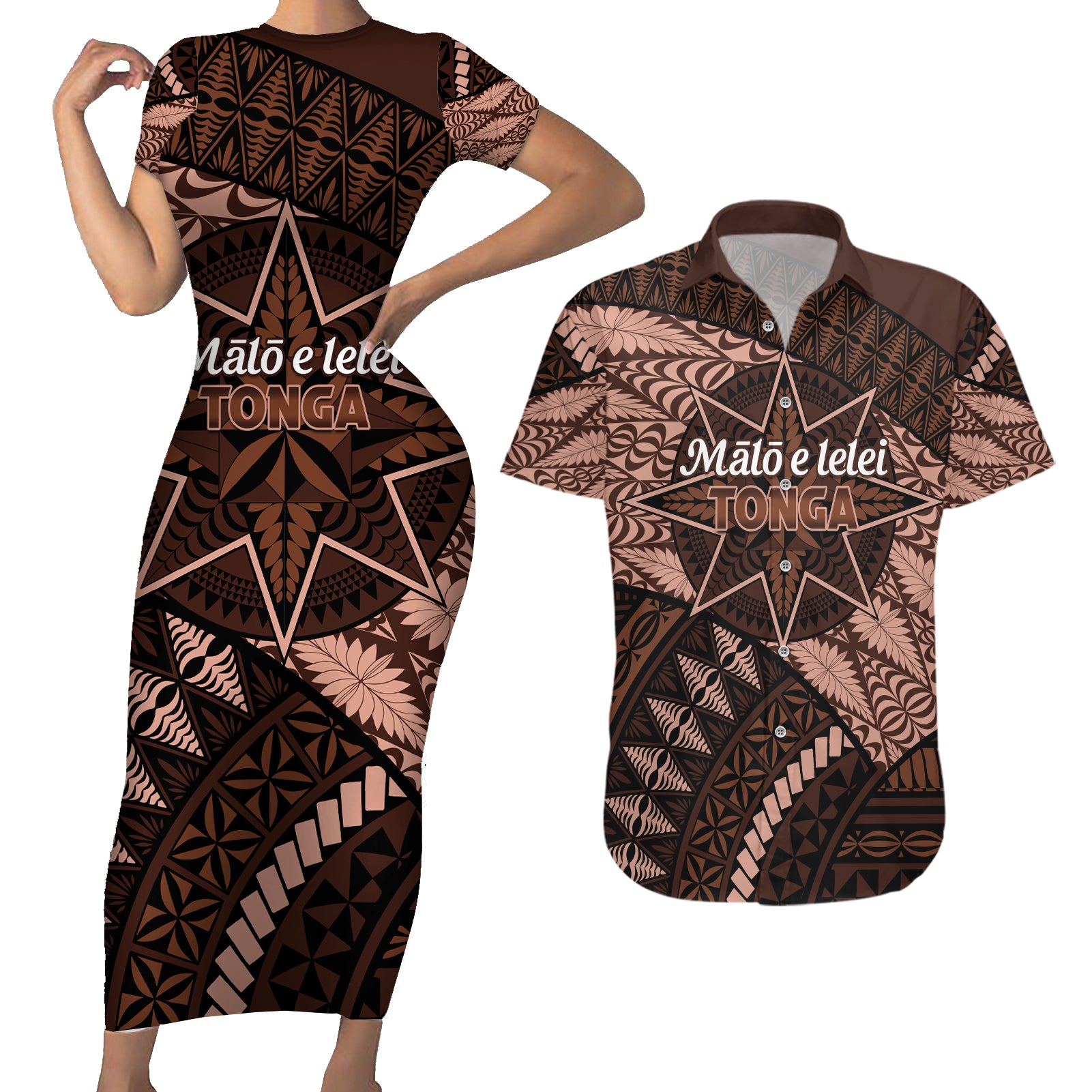 Malo e lelei Tonga Couples Matching Short Sleeve Bodycon Dress and Hawaiian Shirt Tongan Ngatu Pattern Vintage Vibes LT14 Brown - Polynesian Pride