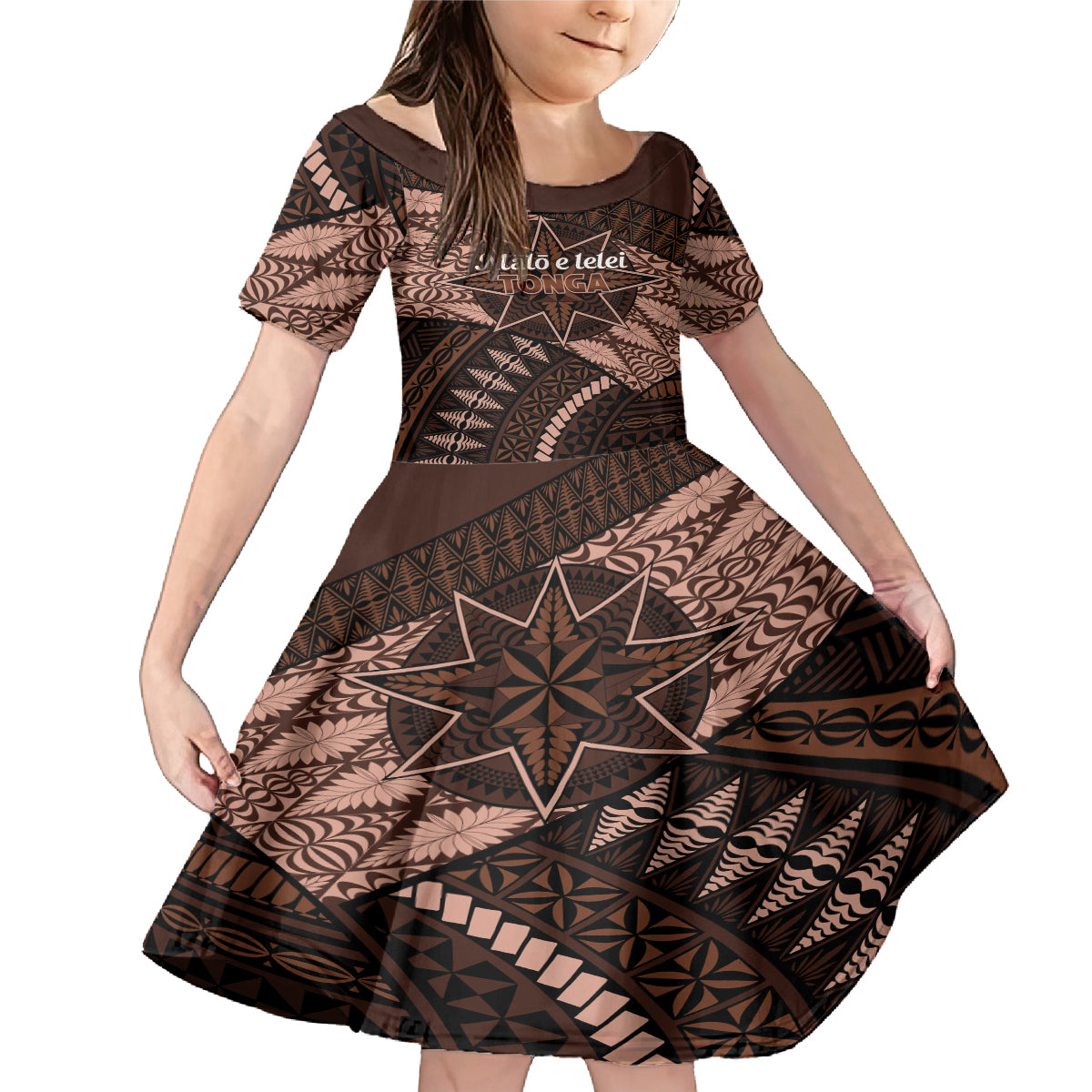 Malo e lelei Tonga Family Matching Mermaid Dress and Hawaiian Shirt Tongan Ngatu Pattern Vintage Vibes LT14 Daughter's Dress Brown - Polynesian Pride