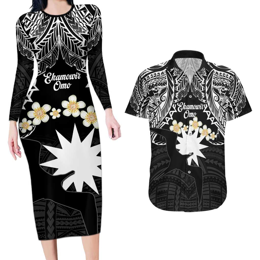 Ekamowir Omo Nauru Couples Matching Long Sleeve Bodycon Dress and Hawaiian Shirt Naoero Twelve-pointed Star Polynesian Tattoo