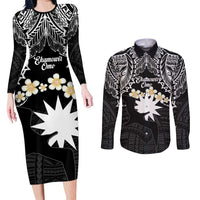 Ekamowir Omo Nauru Couples Matching Long Sleeve Bodycon Dress and Long Sleeve Button Shirt Naoero Twelve-pointed Star Polynesian Tattoo LT14 Black - Polynesian Pride