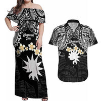 Ekamowir Omo Nauru Couples Matching Off Shoulder Maxi Dress and Hawaiian Shirt Naoero Twelve-pointed Star Polynesian Tattoo LT14 Black - Polynesian Pride