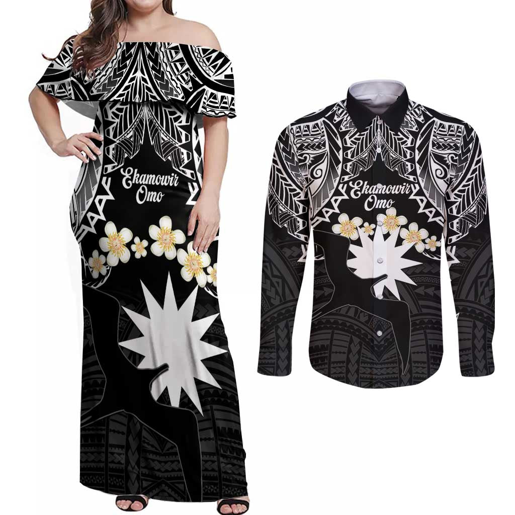 Ekamowir Omo Nauru Couples Matching Off Shoulder Maxi Dress and Long Sleeve Button Shirt Naoero Twelve-pointed Star Polynesian Tattoo