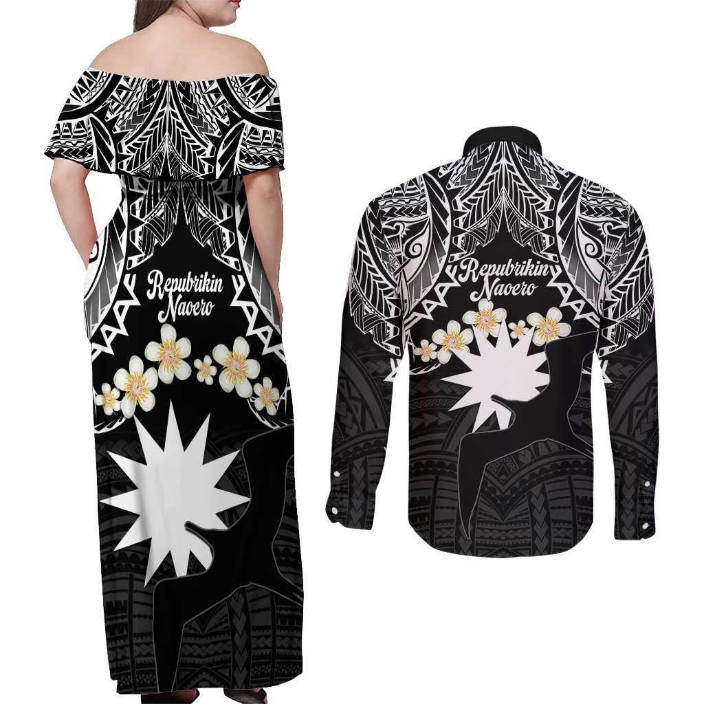 Ekamowir Omo Nauru Couples Matching Off Shoulder Maxi Dress and Long Sleeve Button Shirt Naoero Twelve-pointed Star Polynesian Tattoo